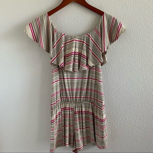 Fighting Eel Ruffle Stripe Tan Pink Romper Playsuit Jumpsuit Hawaii Aloha XS - Picture 2 of 9